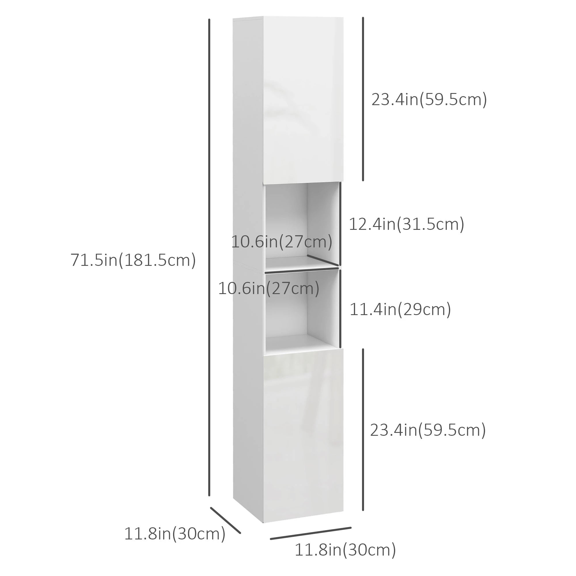 Tall Bathroom Cabinet, High Gloss Storage, Adjustable Shelves, 11.8