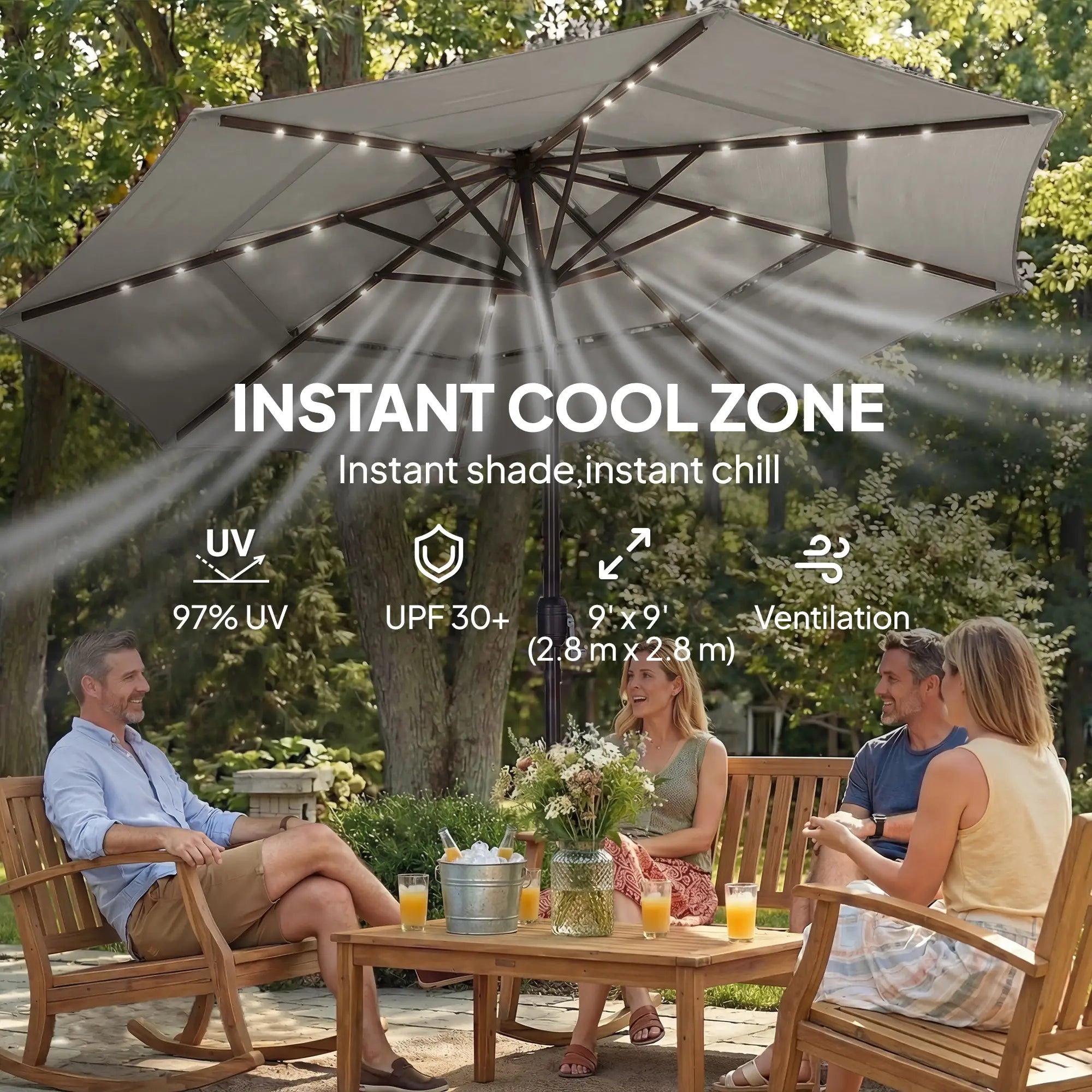 9.3 ft Outdoor Patio Umbrella, Solar LED Lights, Cover, Grey Sun Umbrellas at Gallery Canada