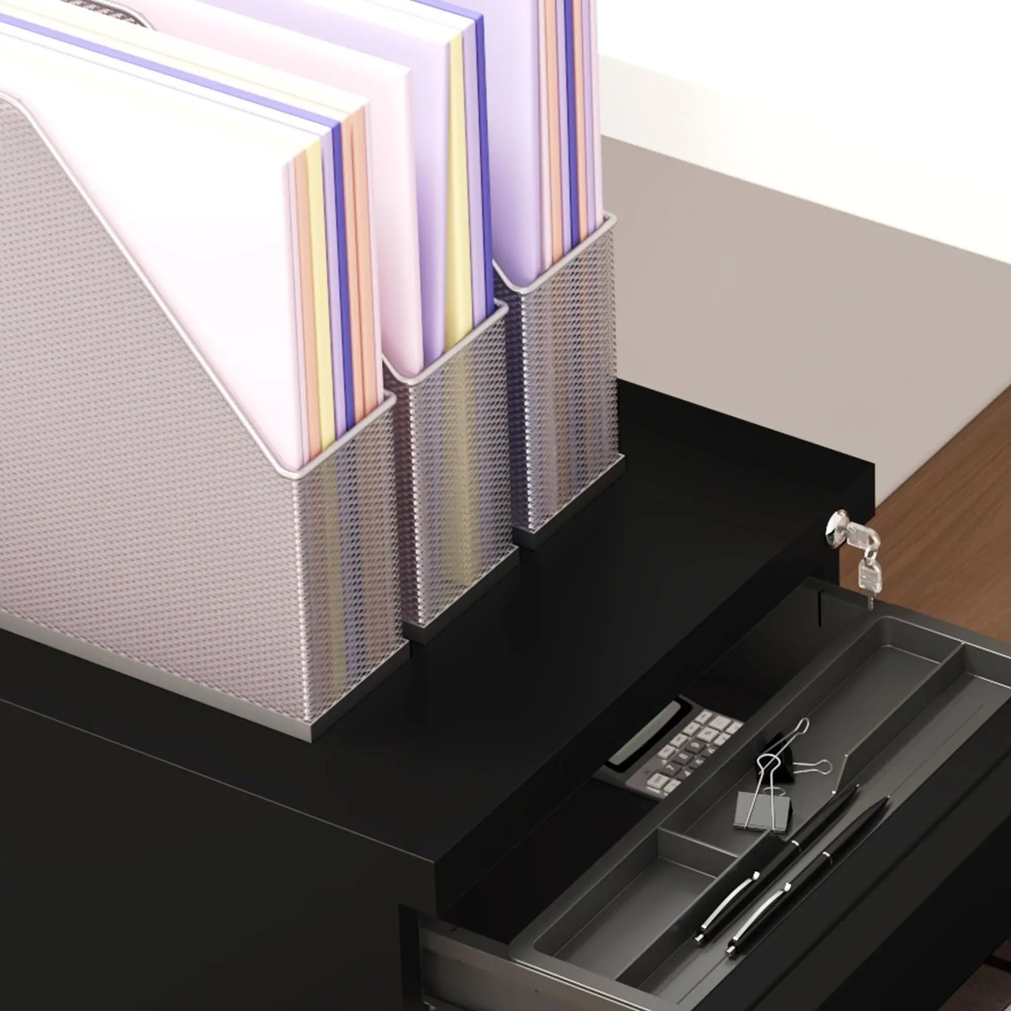 3 Drawer File Cabinet with Lock, Steel, 5 Wheels, Black Office Cabinets & Cupboards at Gallery Canada