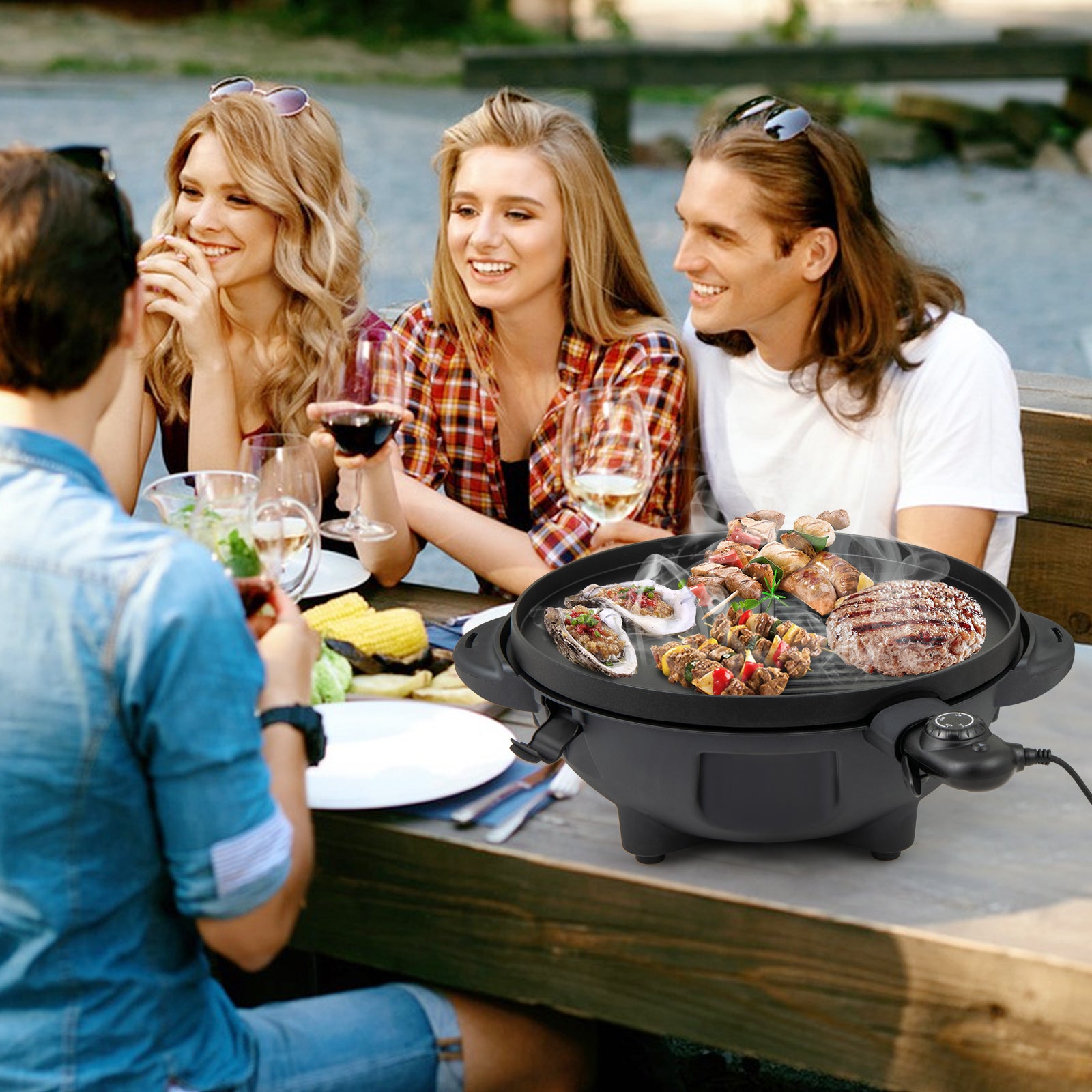 Electric BBQ Grill 1200W Indoor Outdoor Grill with 2-Zone Non-Stick Grilling Plate-RE, Red Outdoor Grills at Gallery Canada