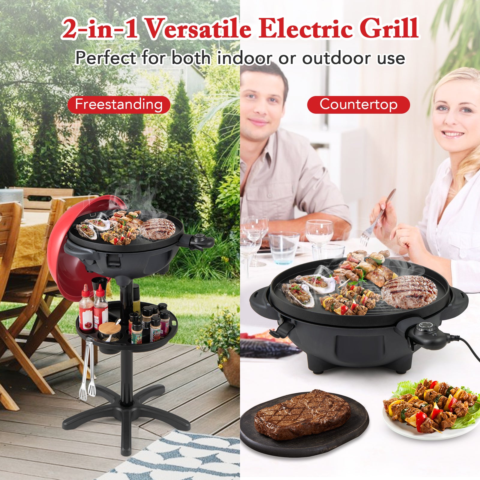 Electric BBQ Grill 1200W Indoor Outdoor Grill with 2-Zone Non-Stick Grilling Plate-RE, Red Outdoor Grills at Gallery Canada