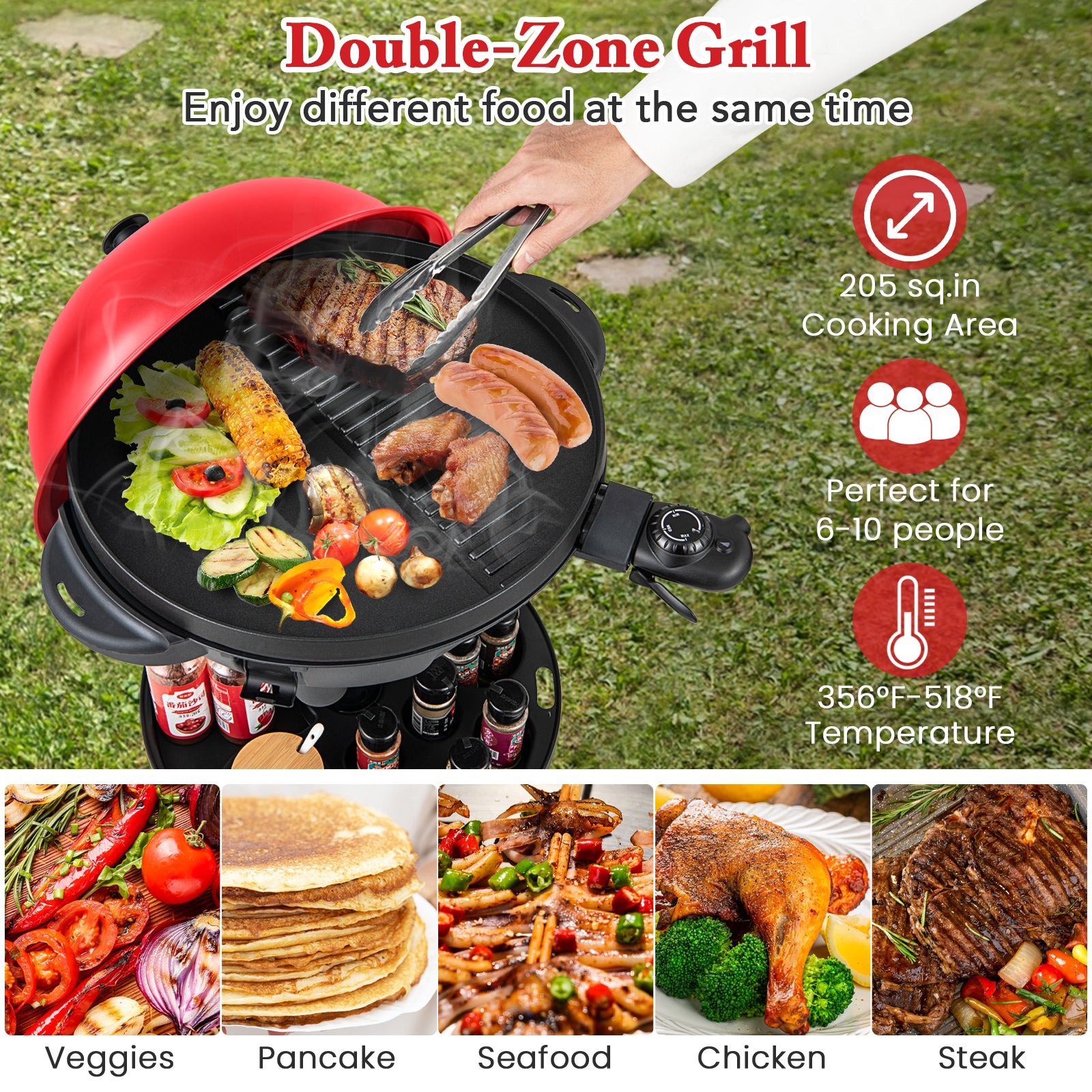 Electric BBQ Grill 1200W Indoor Outdoor Grill with 2-Zone Non-Stick Grilling Plate-RE, Red Outdoor Grills at Gallery Canada