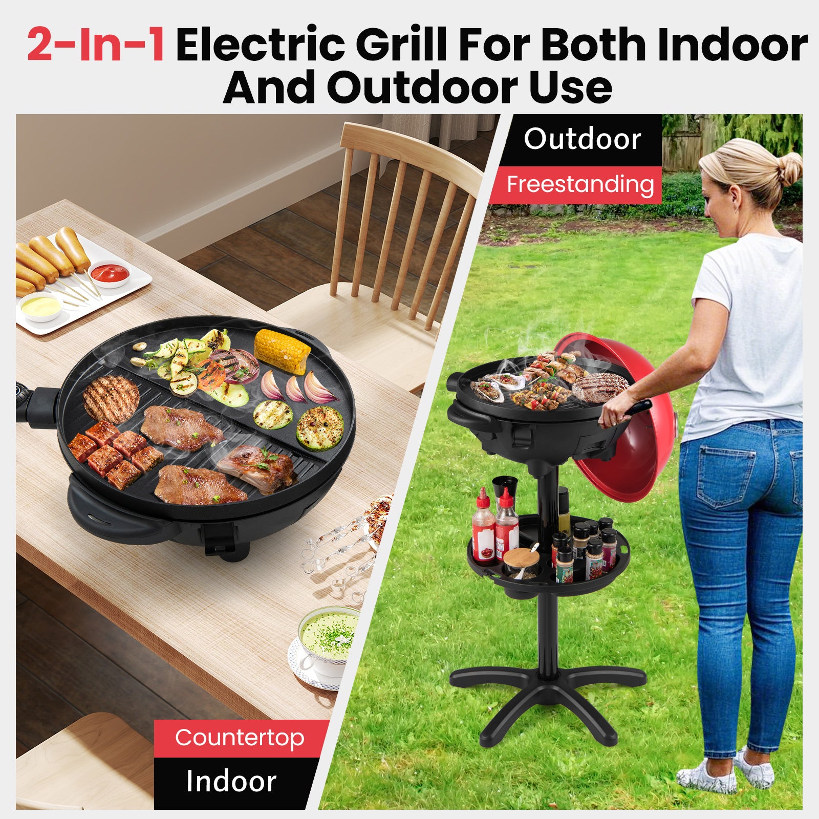 Electric BBQ Grill 1200W Indoor Outdoor Grill with 2-Zone Non-Stick Grilling Plate-RE, Red Outdoor Grills at Gallery Canada