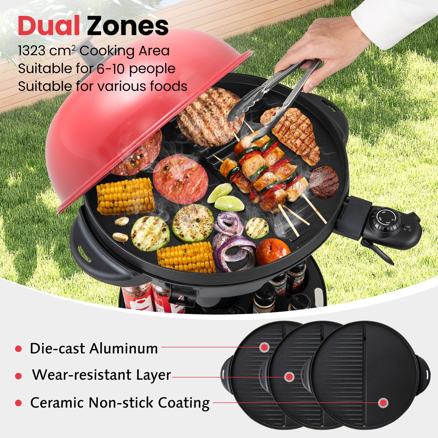 Electric BBQ Grill 1200W Indoor Outdoor Grill with 2-Zone Non-Stick Grilling Plate-RE, Red Outdoor Grills at Gallery Canada
