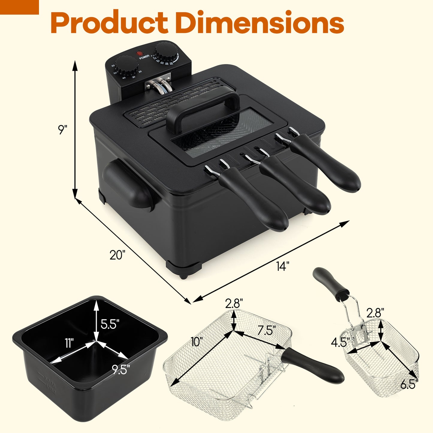 Electric Deep Fryer 5.3QT/21-Cup Stainless Steel 1700W with Triple Basket, Black Air Fryers at Gallery Canada