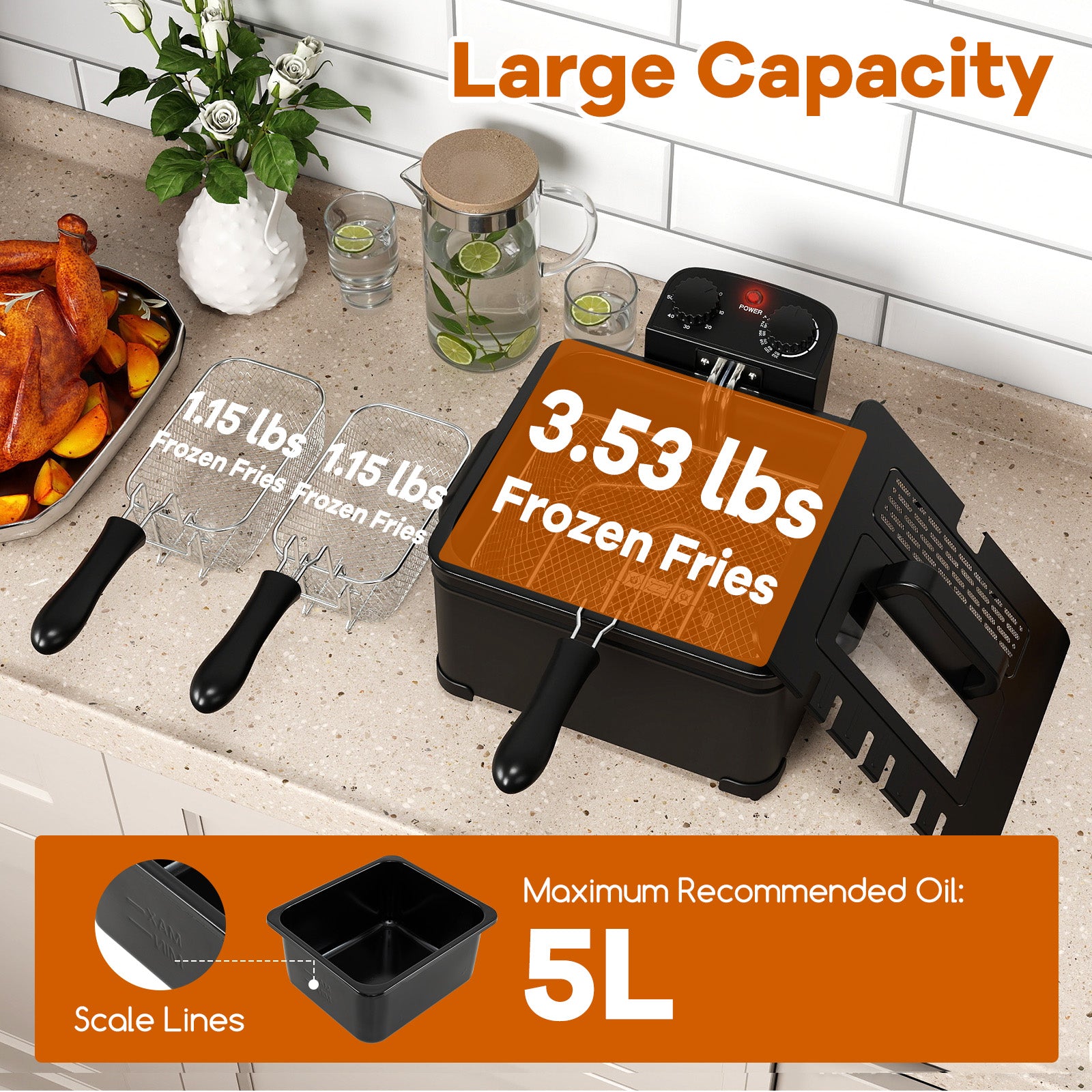 Electric Deep Fryer 5.3QT/21-Cup Stainless Steel 1700W with Triple Basket, Black Air Fryers at Gallery Canada