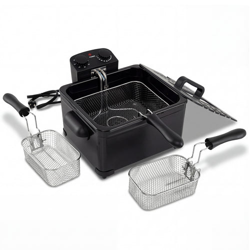 Electric Deep Fryer 5.3QT/21-Cup Stainless Steel 1700W with Triple Basket, Black