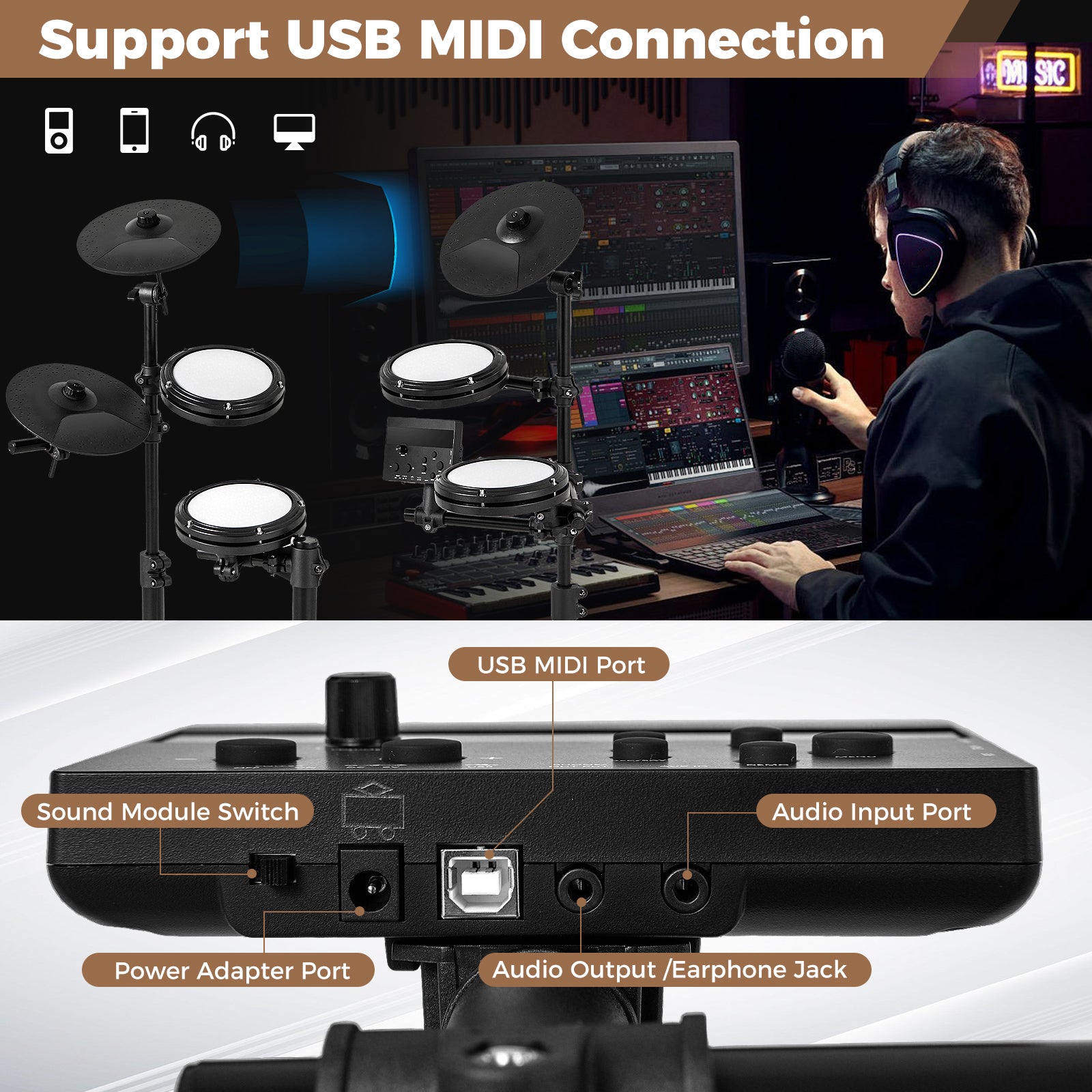 Electric Drum Set Foldable Drum Kit with 10 Demos and USB MIDI and 2 Drumsticks, Black Drums & Percussion at Gallery Canada