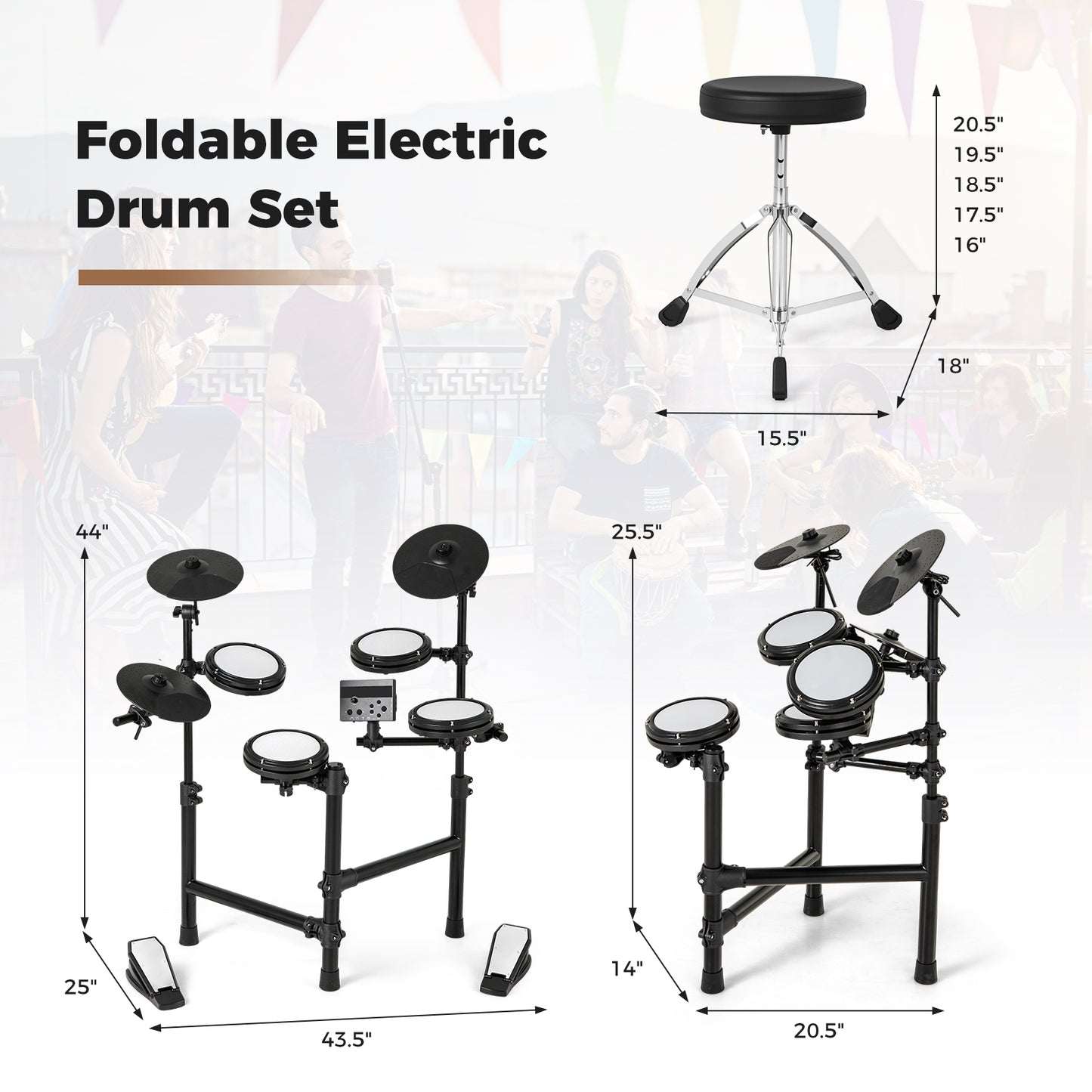 Electric Drum Set Foldable Drum Kit with 10 Demos and USB MIDI and 2 Drumsticks, Black Drums & Percussion at Gallery Canada