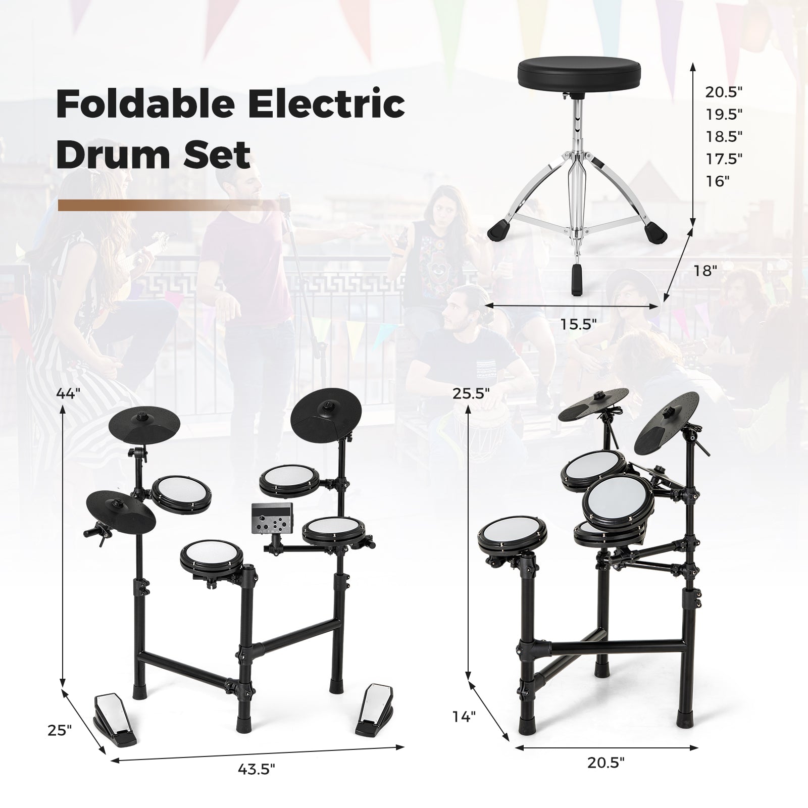 Electric Drum Set Foldable Drum Kit with 10 Demos and USB MIDI and 2 Drumsticks, Black Drums & Percussion at Gallery Canada
