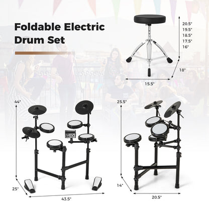 Electric Drum Set Foldable Drum Kit with 10 Demos and USB MIDI and 2 Drumsticks, Black Drums & Percussion at Gallery Canada