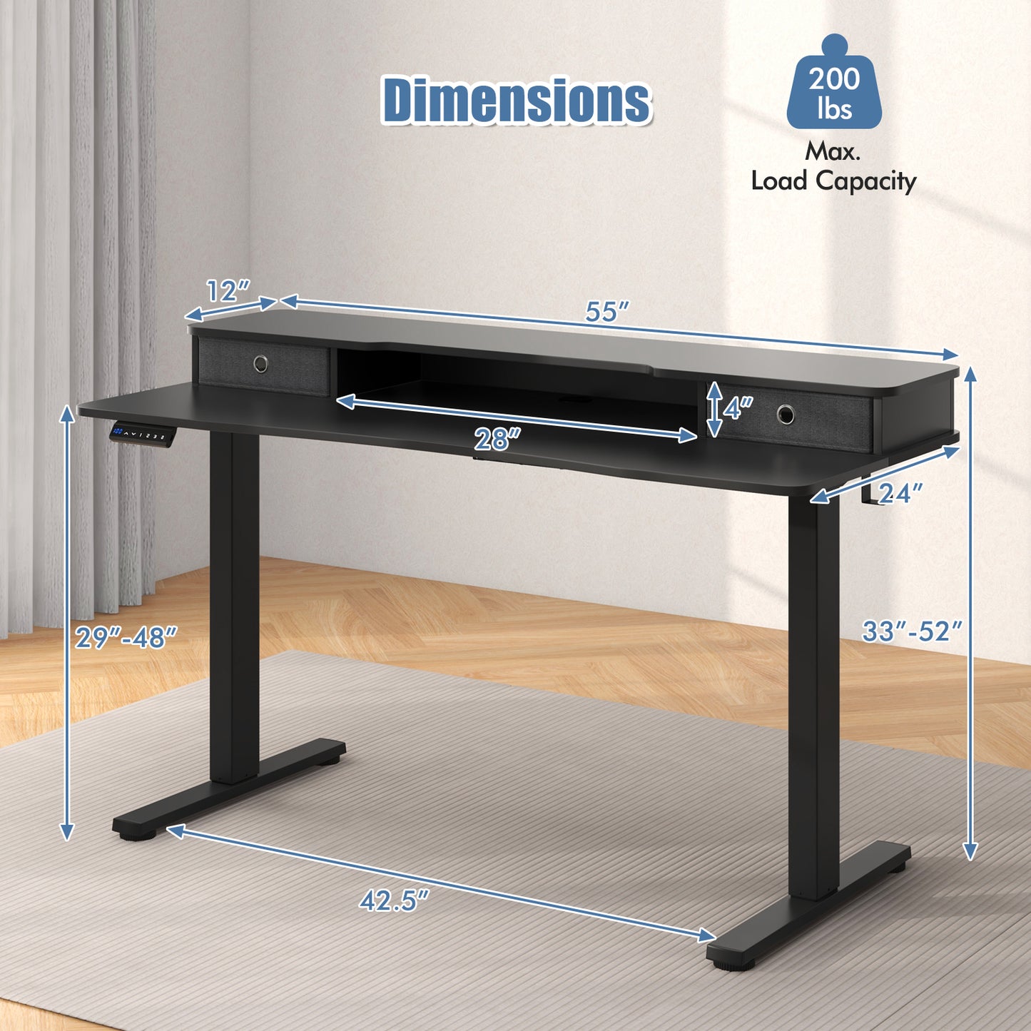 Electric Height Adjustable Standing Desk, Drafting Chair Set, Storage Drawers Home Office at Gallery Canada