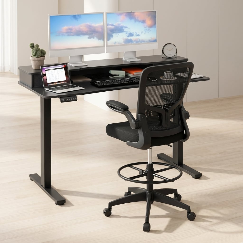 Electric Height Adjustable Standing Desk, Drafting Chair Set, Storage Drawers Home Office at Gallery Canada