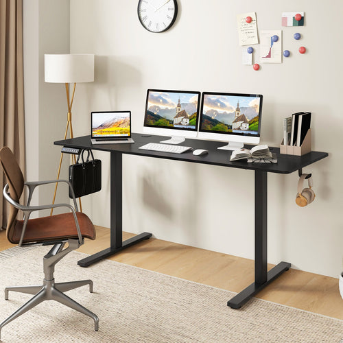 Electric Standing Desk, 3 Memory Heights, 2 Hanging Hooks, Cable Holes, Black