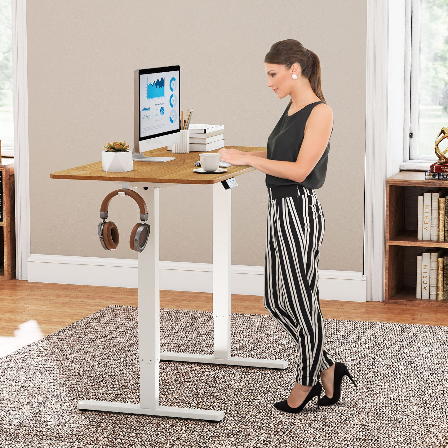 Electric Standing Desk Frame Height Adjustable Computer Desk Base with LED Display, White Standing Desks at Gallery Canada