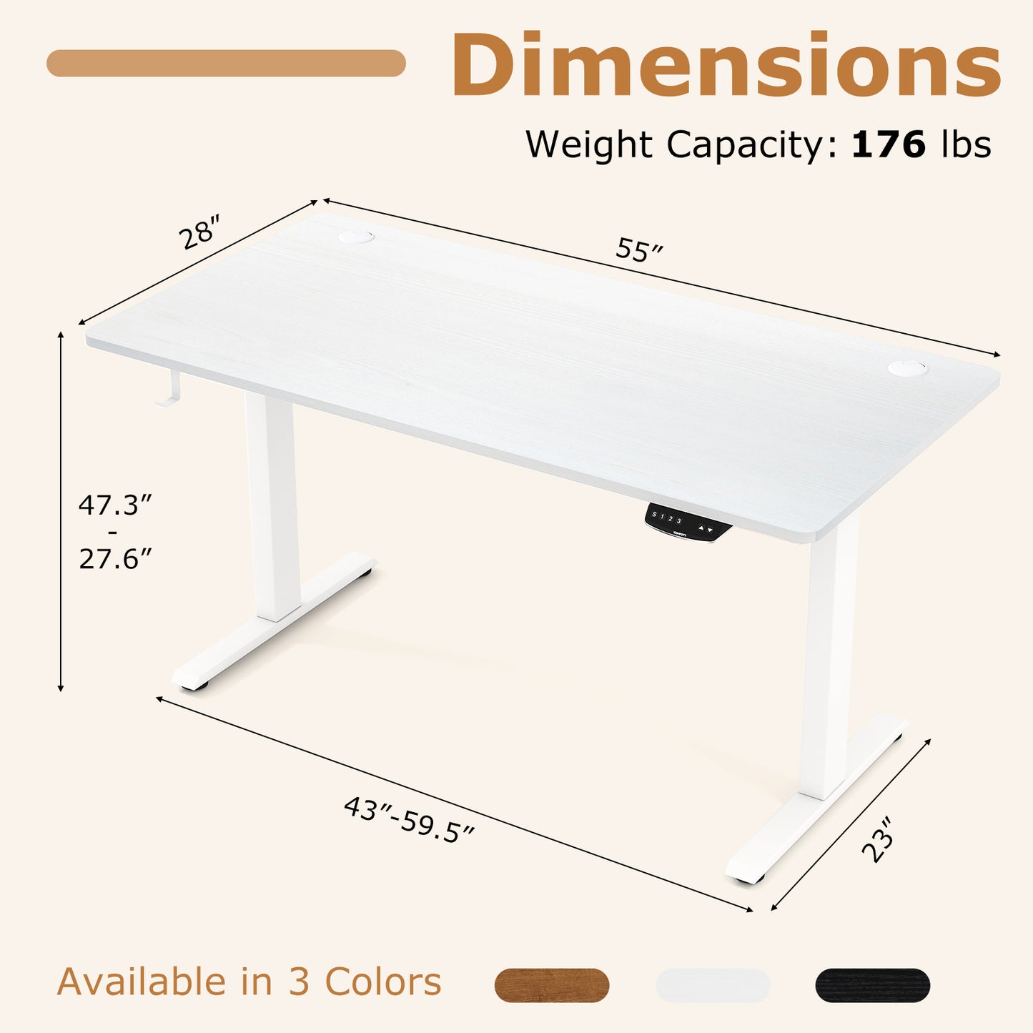 Electric Standing Desk Height Adjustable with 3 Memory Heights White-L, White