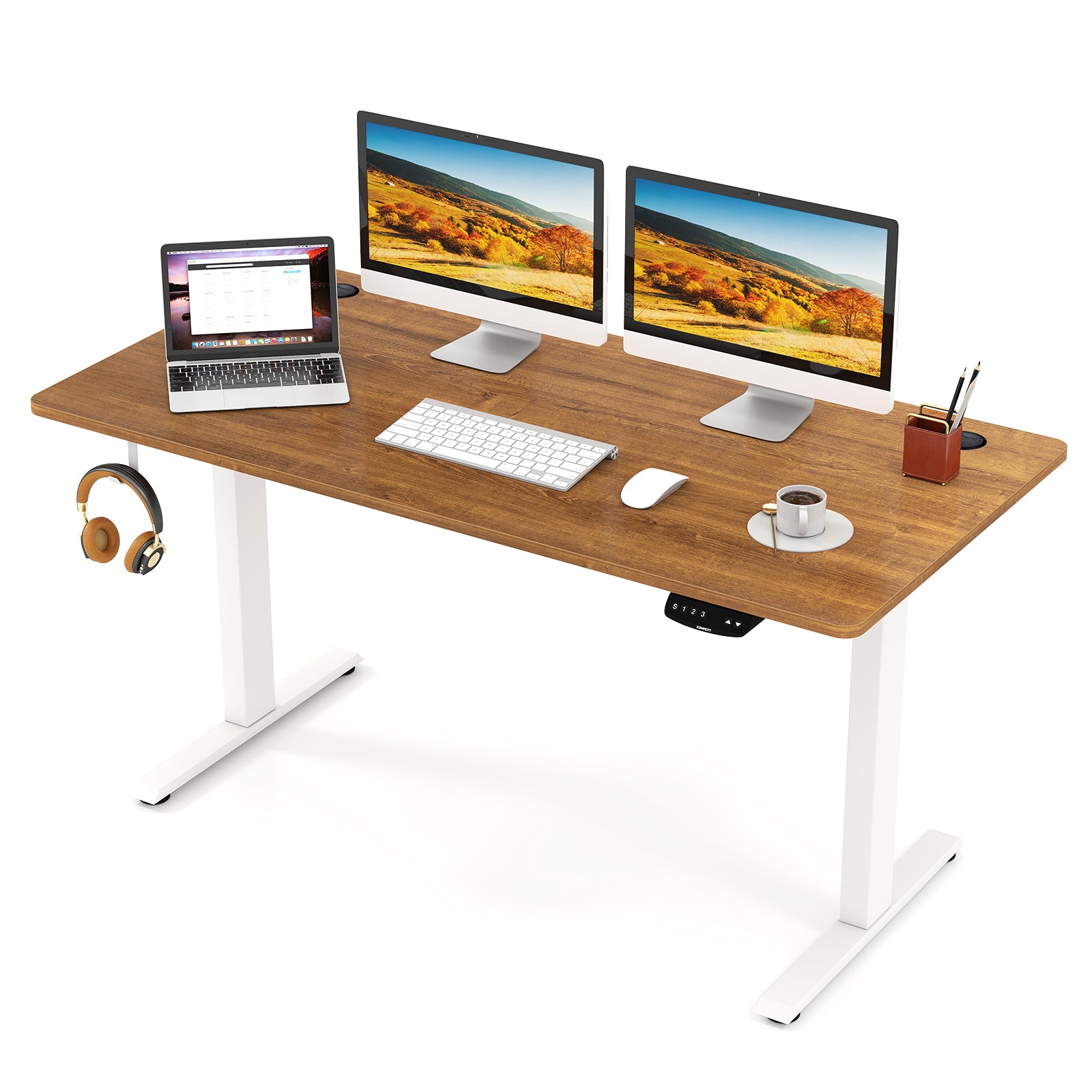 Electric Standing Desk, Height Adjustable, 3 Memory Heights, Walnut Standing Desks at Gallery Canada