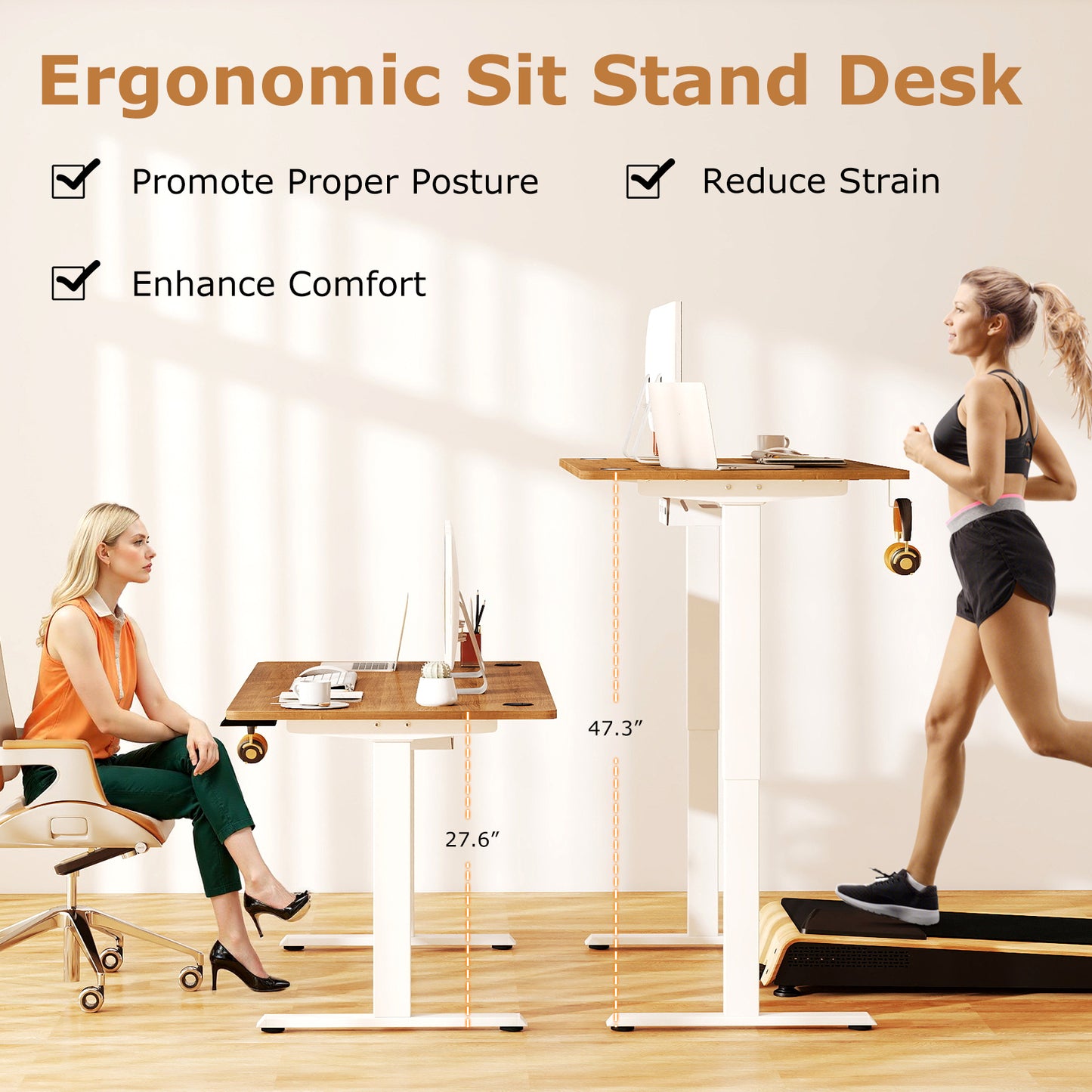 Electric Standing Desk, Height Adjustable, 3 Memory Heights, Walnut Standing Desks at Gallery Canada