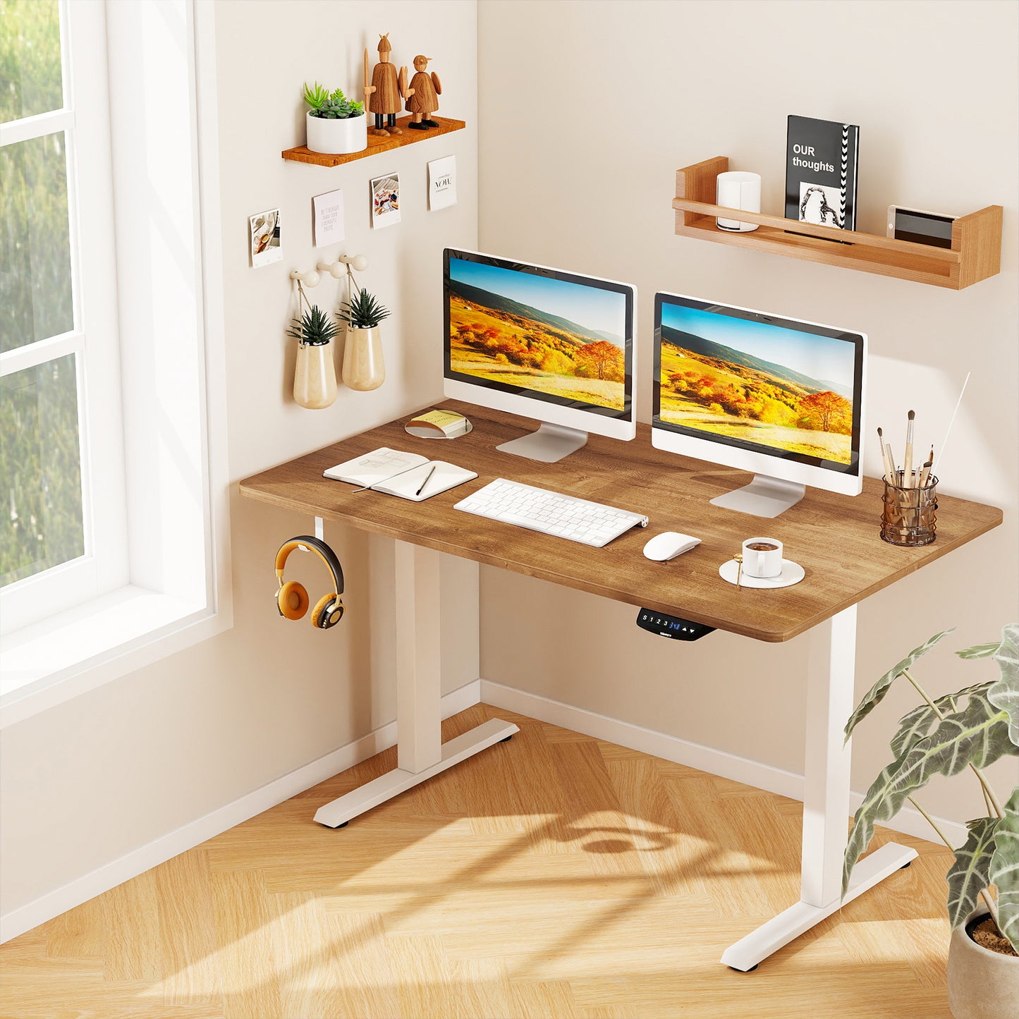 Electric Standing Desk, Adjustable Height, 3 Memory, Walnut Standing Desks at Gallery Canada