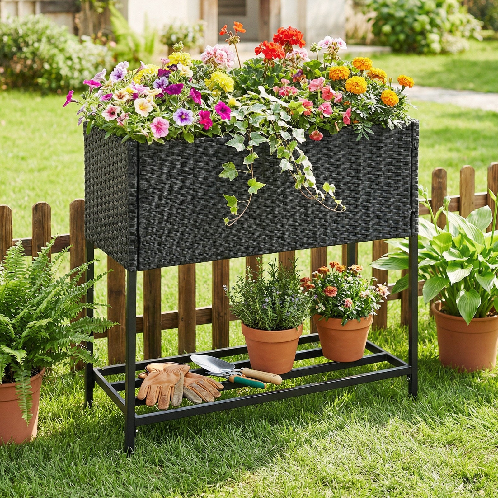 Elevated Garden Planter, Rattan Finish Bottom Shelf Raised Garden Beds at Gallery Canada