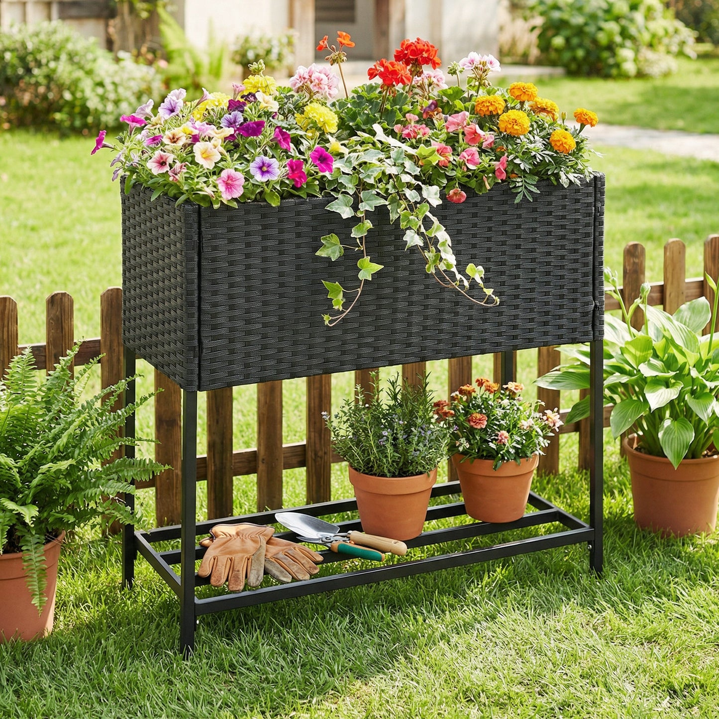 Elevated Garden Planter, Rattan Finish Bottom Shelf Raised Garden Beds at Gallery Canada