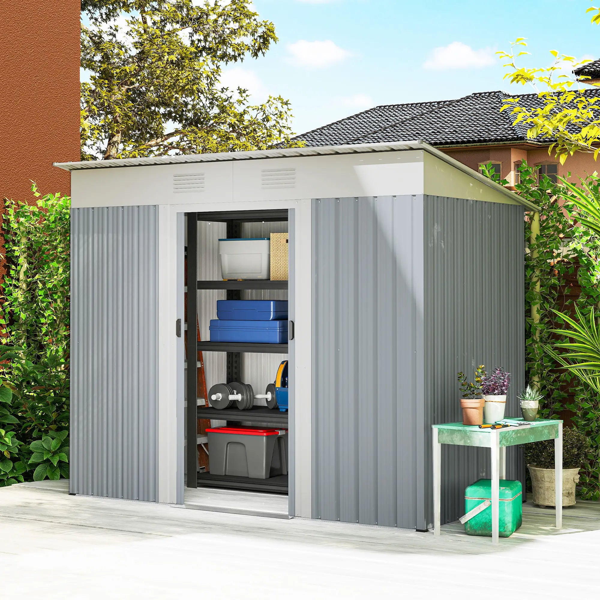 7' x 4' Metal Garden Shed, Lockable Sliding Doors, Vents, Grey Sheds at Gallery Canada