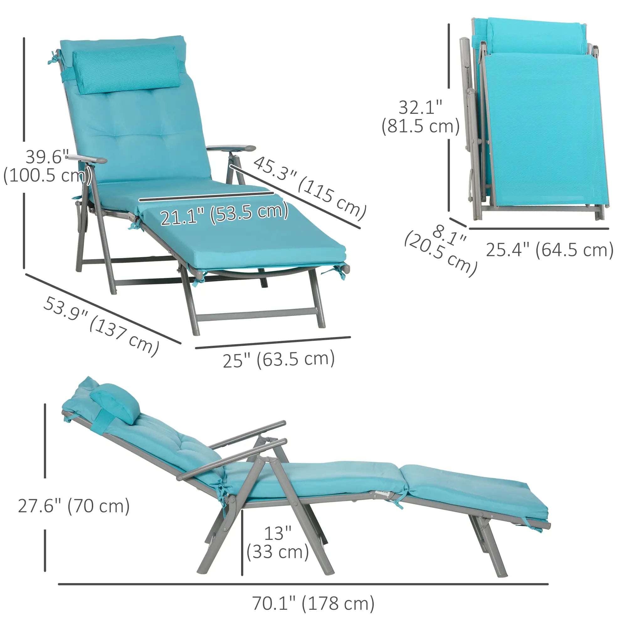Outdoor Folding Chaise Lounge, Adjustable Backrest, Cushion, Headrest, Blue Lounger Chairs at Gallery Canada