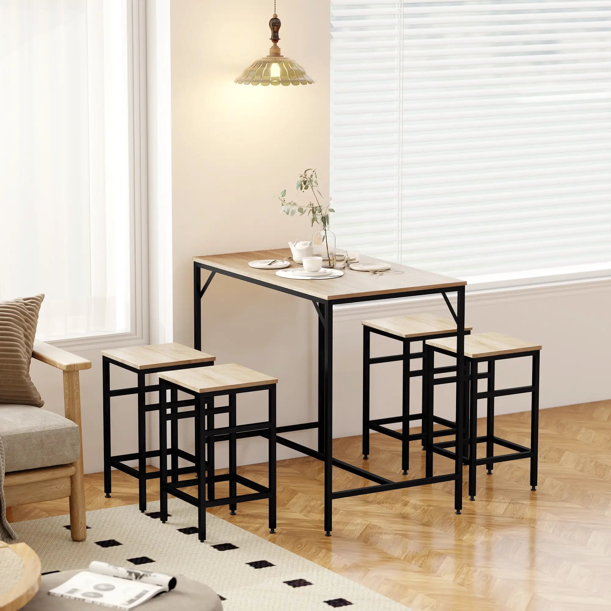 5-Piece Industrial Rectangular Bar Table Set, 4 Stools, Oak Bar Sets at Gallery Canada