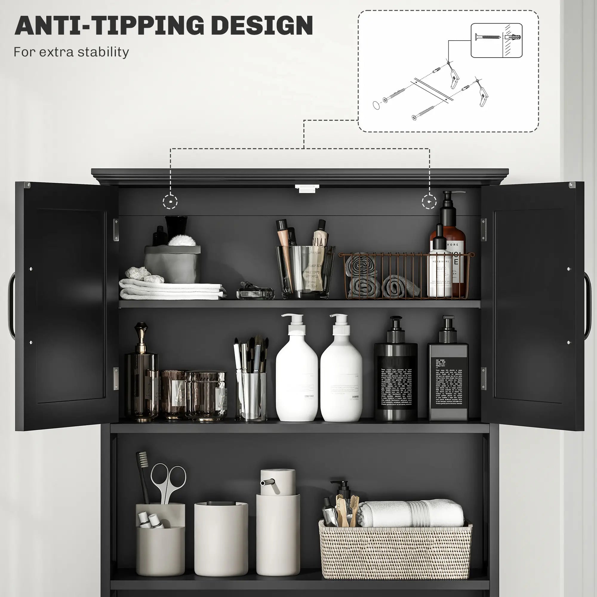 Modern Over Toilet Storage, Bathroom Cabinet with Shelves, Double Door, Black Bathroom Cabinets at Gallery Canada