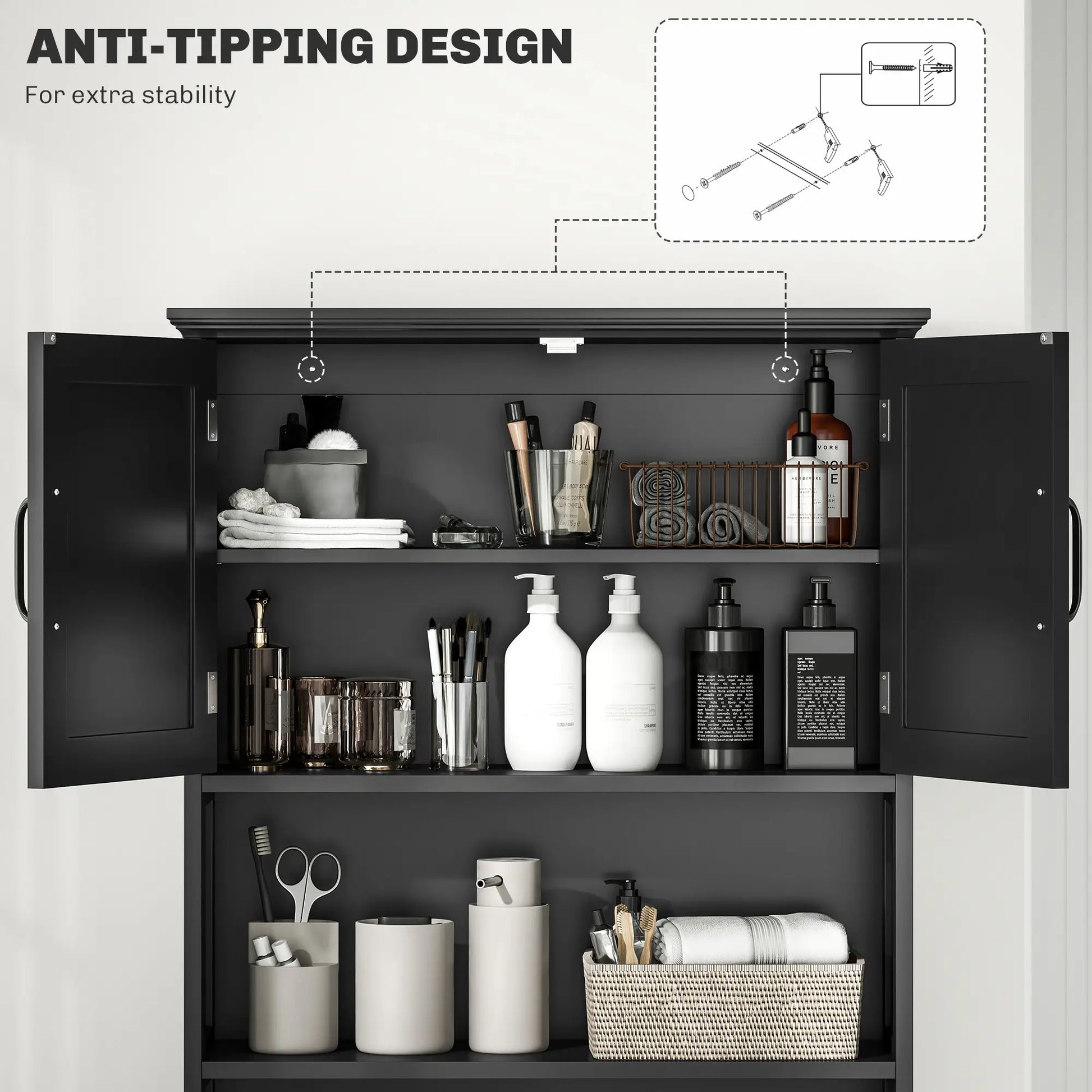 Modern Over Toilet Storage, Bathroom Cabinet with Shelves, Double Door, Black Bathroom Cabinets at Gallery Canada