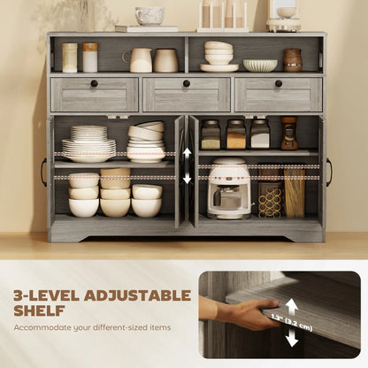 Grey Sideboard, Buffet Cabinet With 4 Barn Doors, 3 Drawers, Grey