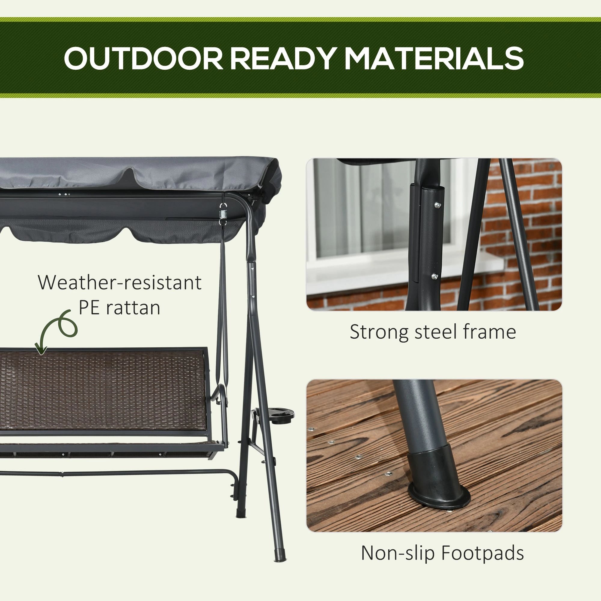 3-Seat Patio Swing Chair, Outdoor Canopy Glider, Rattan Seat, Steel Frame, Dark Grey Porch Swings with Canopy at Gallery Canada