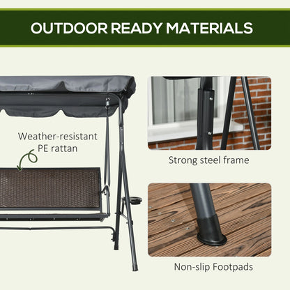 3-Seat Patio Swing Chair, Outdoor Canopy Glider, Rattan Seat, Steel Frame, Dark Grey Porch Swings with Canopy at Gallery Canada
