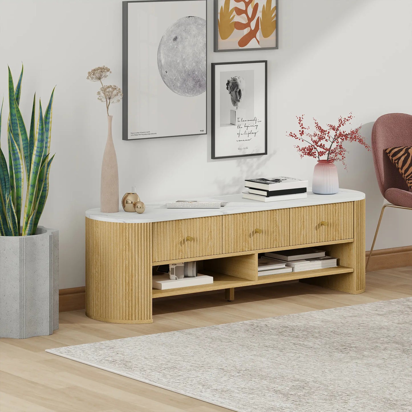 Modern TV Stand, Marble-Effect Top, 3 Drawers, 2 Shelves, 32-65 Inch, Natural TV Stands at Gallery Canada