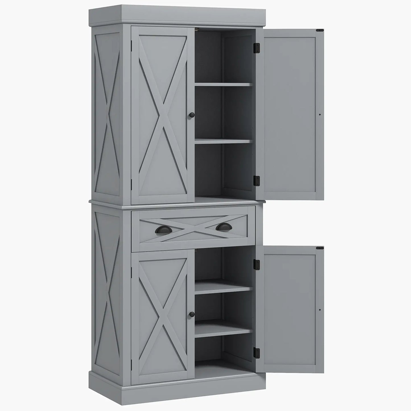 72.5" Kitchen Pantry Cabinet, 4 Doors, Drawer, Adjustable Shelves, Grey Kitchen Pantry Cabinets Grey at Gallery Canada