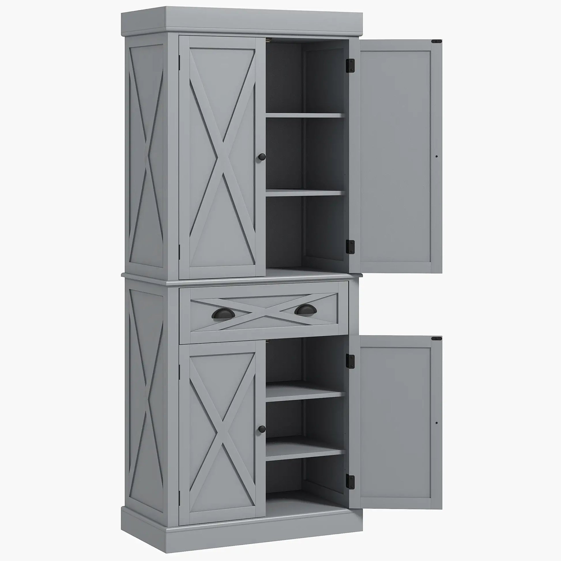 72.5" Kitchen Pantry Cabinet, 4 Doors, Drawer, Adjustable Shelves, Grey Kitchen Pantry Cabinets Grey at Gallery Canada