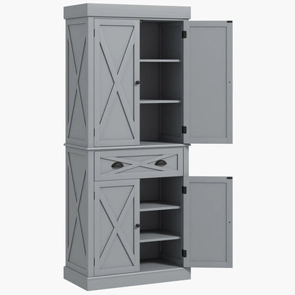 72.5" Kitchen Pantry Cabinet, 4 Doors, Drawer, Adjustable Shelves, Grey Kitchen Pantry Cabinets Grey at Gallery Canada
