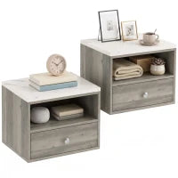 Floating Nightstands Set of 2, Drawer, Marble Top, Natural