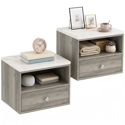 Floating Nightstands Set of 2, Drawer, Marble Top, Natural