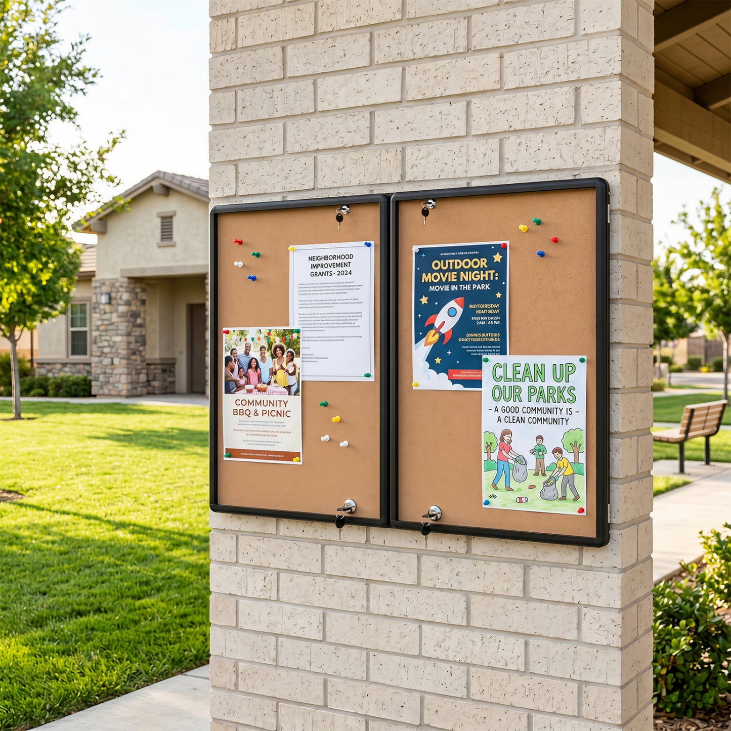 Enclosed Bulletin Board, Aluminum Frame, Felt Surface, Black