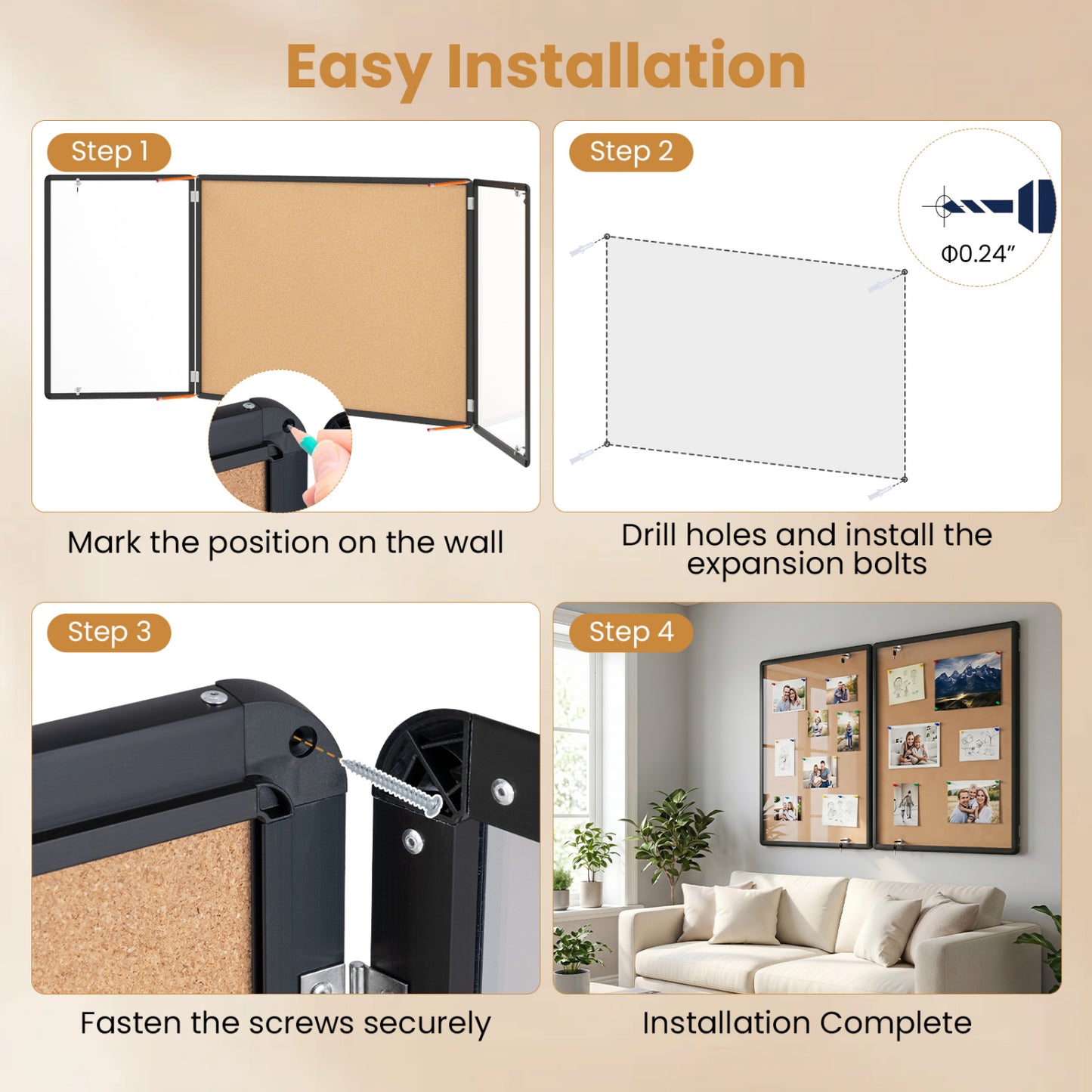 Enclosed Bulletin Board, Aluminum Frame, Felt Surface, Black