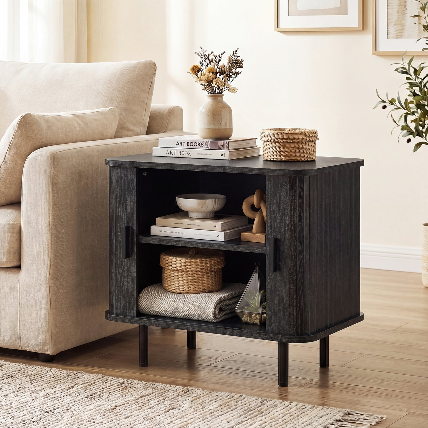 Modern Mid Century Nightstand, Sliding Tambour Doors, Storage Shelf, Black Nightstands at Gallery Canada