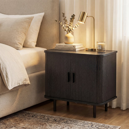 Modern Mid Century Nightstand, Sliding Tambour Doors, Storage Shelf, Black Nightstands at Gallery Canada