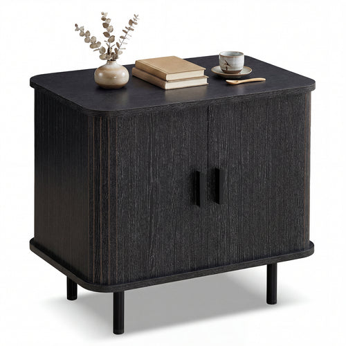 Modern Mid Century Nightstand, Sliding Tambour Doors, Storage Shelf, Black