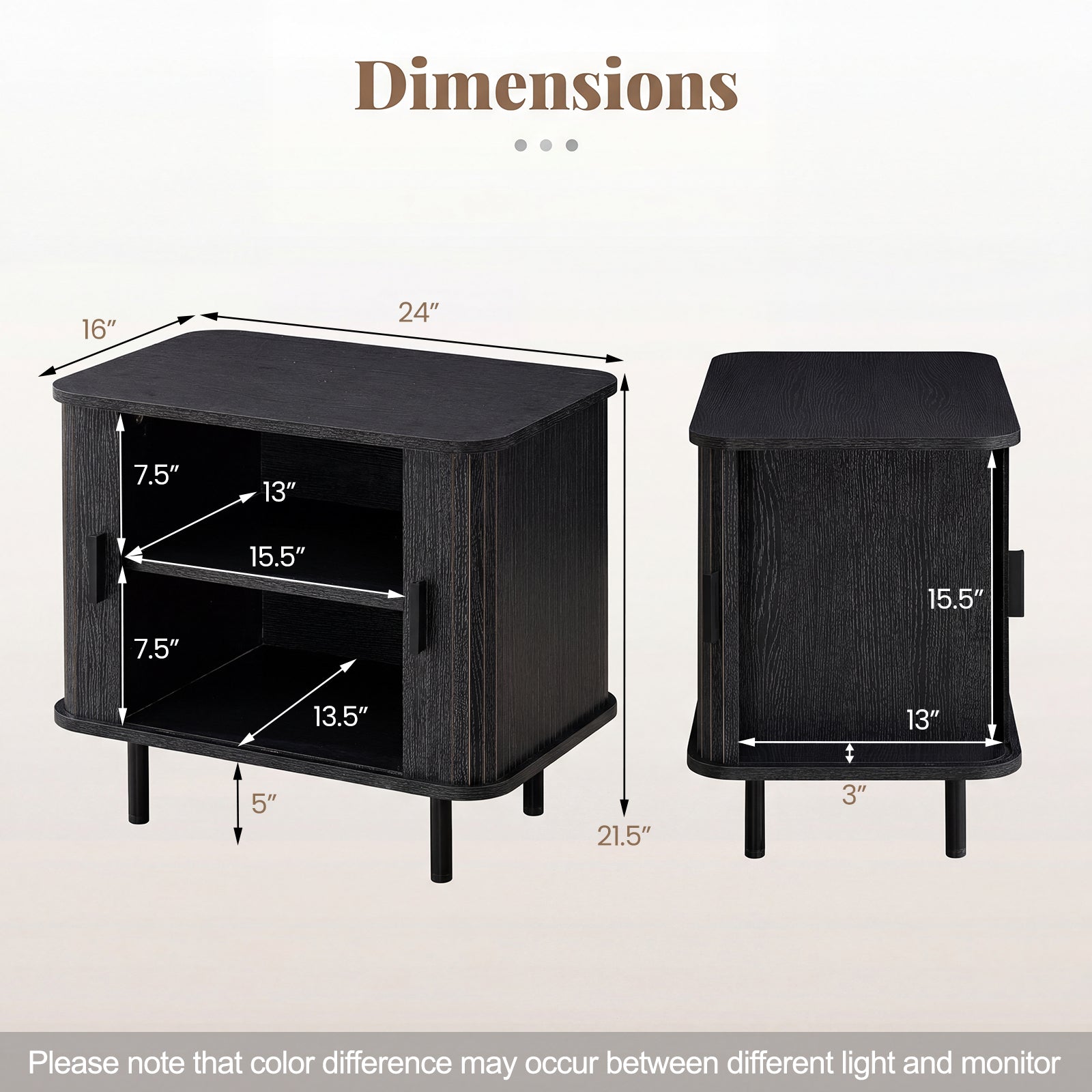 Modern Mid Century Nightstand, Sliding Tambour Doors, Storage Shelf, Black Nightstands at Gallery Canada