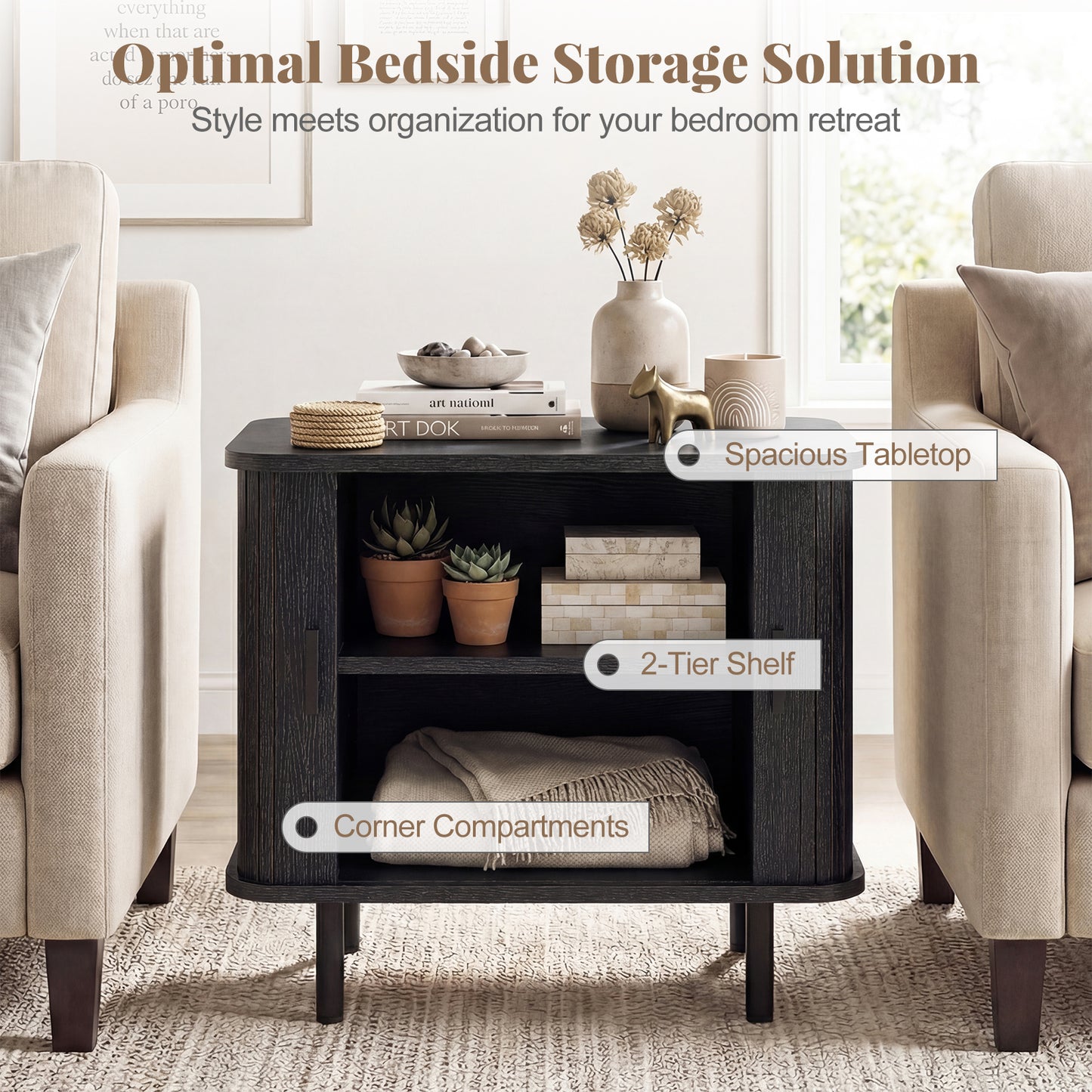 Modern Mid Century Nightstand, Sliding Tambour Doors, Storage Shelf, Black Nightstands at Gallery Canada