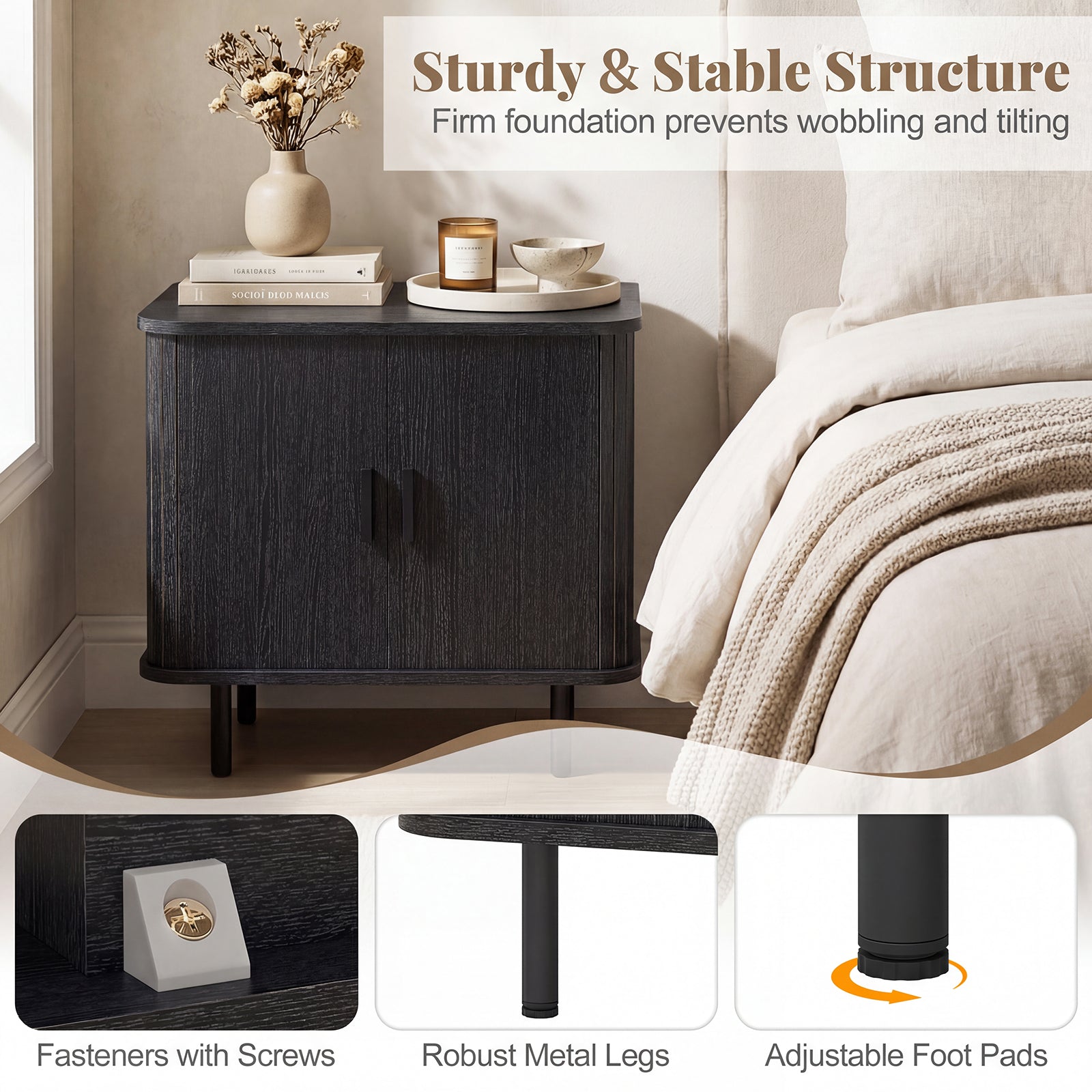 Modern Mid Century Nightstand, Sliding Tambour Doors, Storage Shelf, Black Nightstands at Gallery Canada