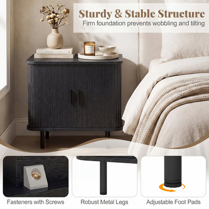 Modern Mid Century Nightstand, Sliding Tambour Doors, Storage Shelf, Black Nightstands at Gallery Canada