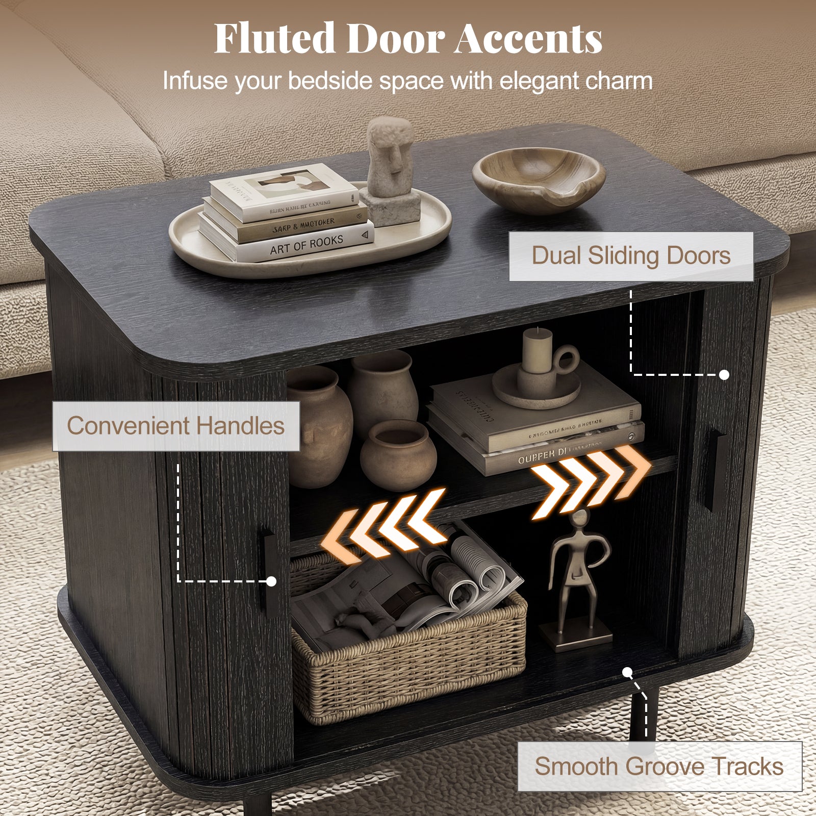 Modern Mid Century Nightstand, Sliding Tambour Doors, Storage Shelf, Black Nightstands at Gallery Canada