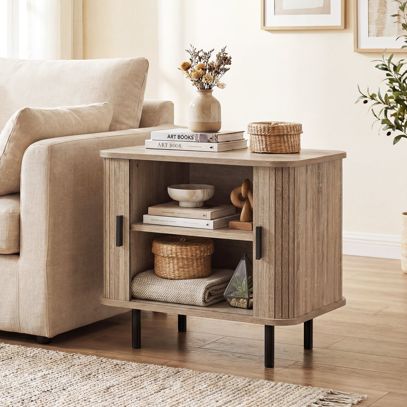 Modern Mid Century Nightstand, Sliding Tambour Doors, Storage Shelf, Natural Nightstands at Gallery Canada